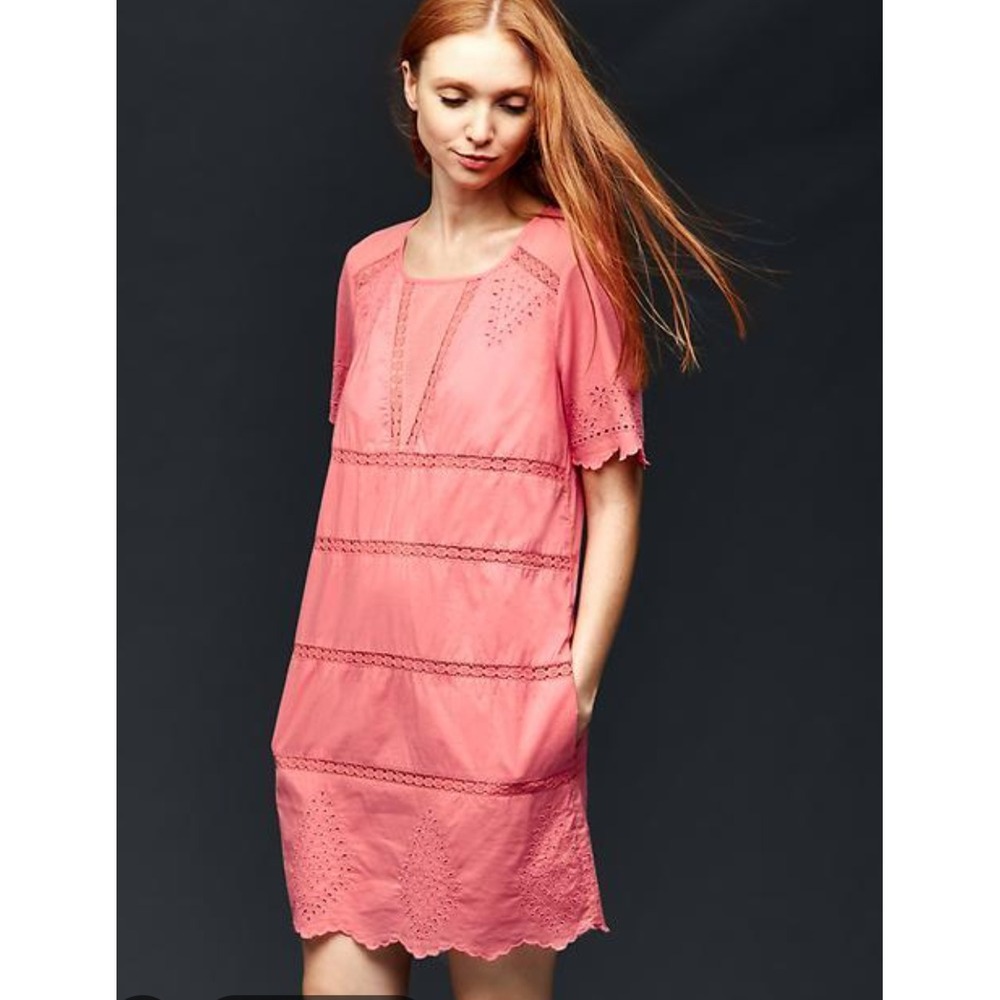 Gap Womens Coral Pink Eyelet Lace Cotton Shift Dress Pockets Small